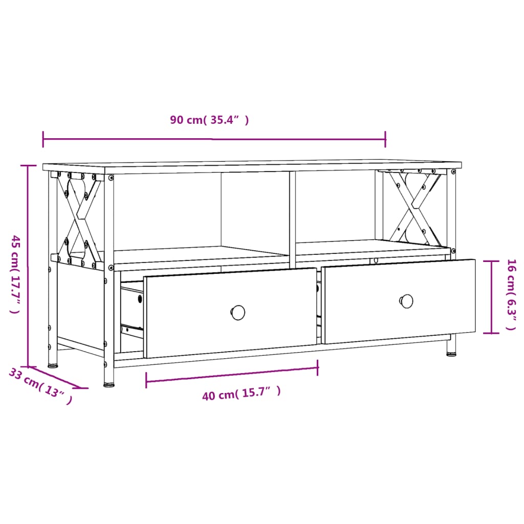vidaXL ТB шкаф, кафяв дъб, 90x33x45 см, инженерно дърво и желязо