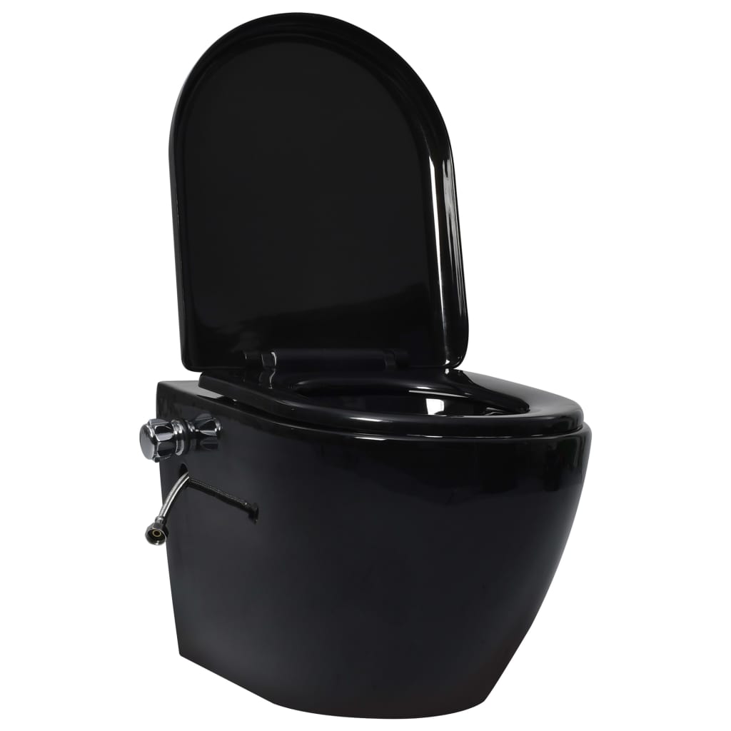vidaXL Окачена тоалетна чиния без ръб, скрито казанче, керамика, черна