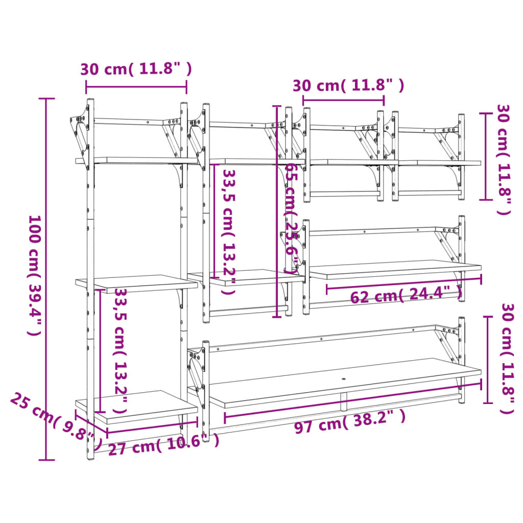 vidaXL Комплект рафтове за стена 6 части сив сонома инженерно дърво