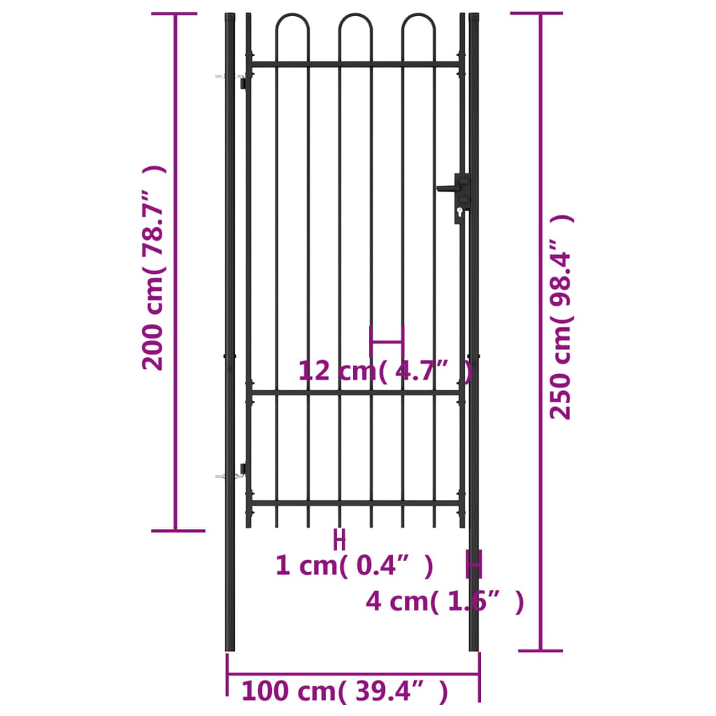 vidaXL Оградна порта една врата арковидни върхове стомана 1х2 м черна