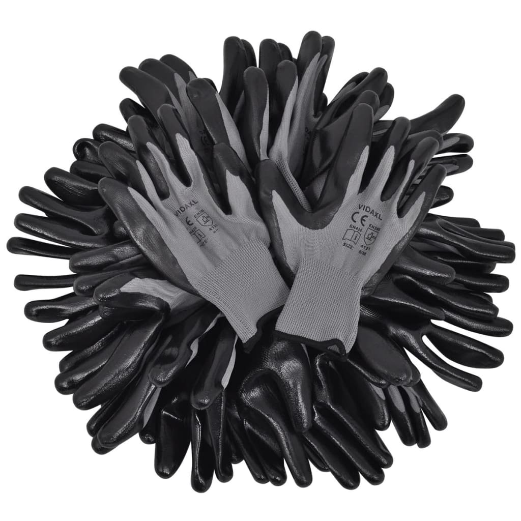 vidaXL Работни ръкавици, от нитрил, 24 чифта, сиво и черно, размер 8/M