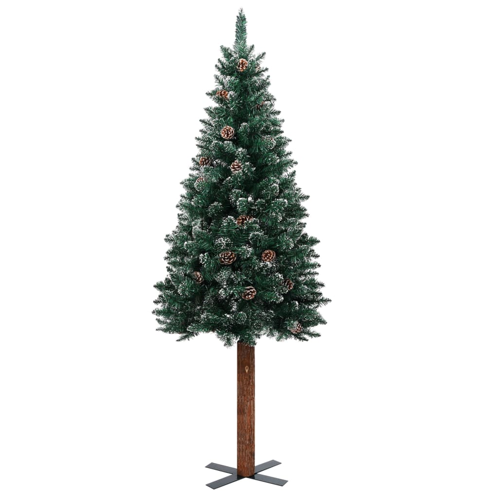 vidaXL Слим осветена елха с истинско дърво и бял сняг зелена 180 см