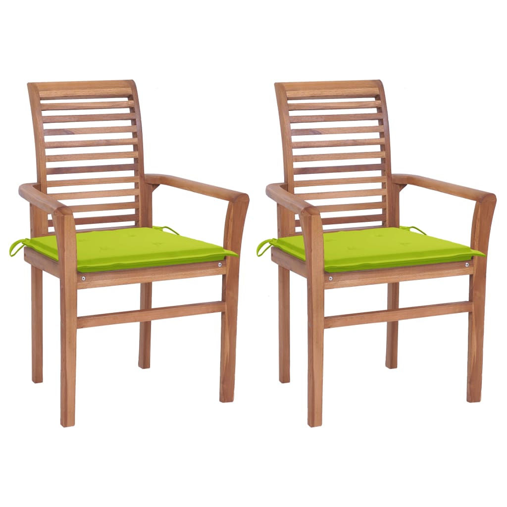 vidaXL Трапезни столове 2 бр яркозелени възглавници тик масив
