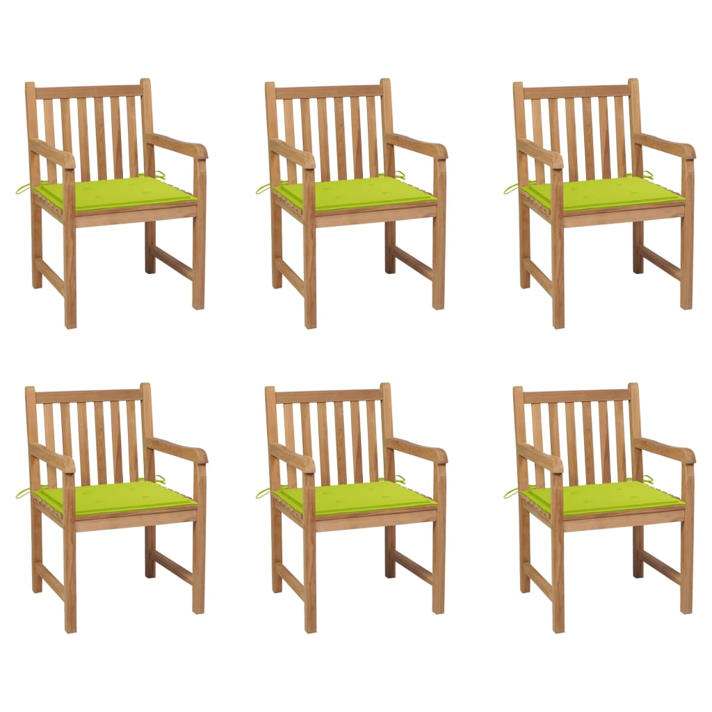 vidaXL Градински столове 6 бр, яркозелени възглавници, тик масив