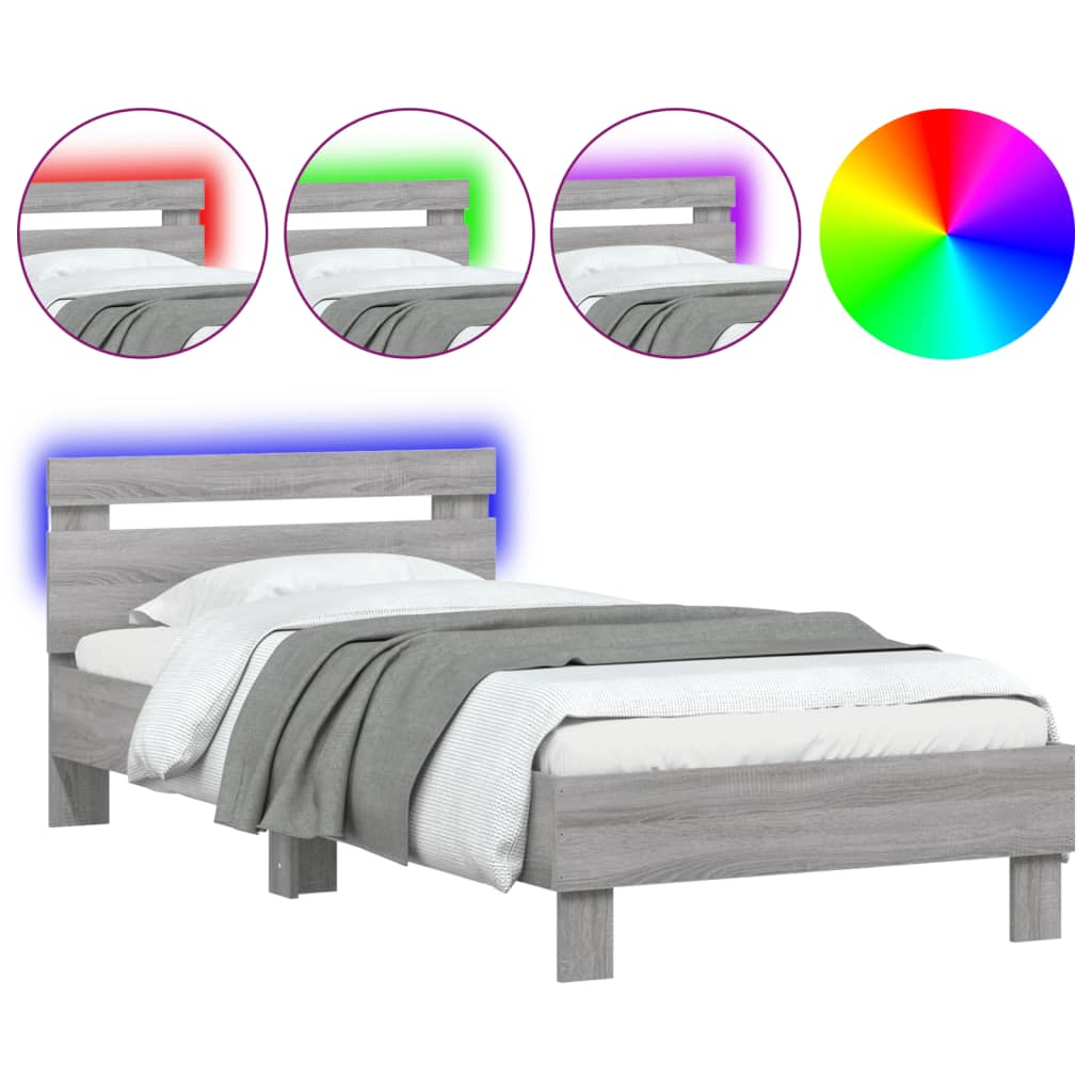 vidaXL Рамка за легло с табла и LED осветление, сив сонома, 75x190 см