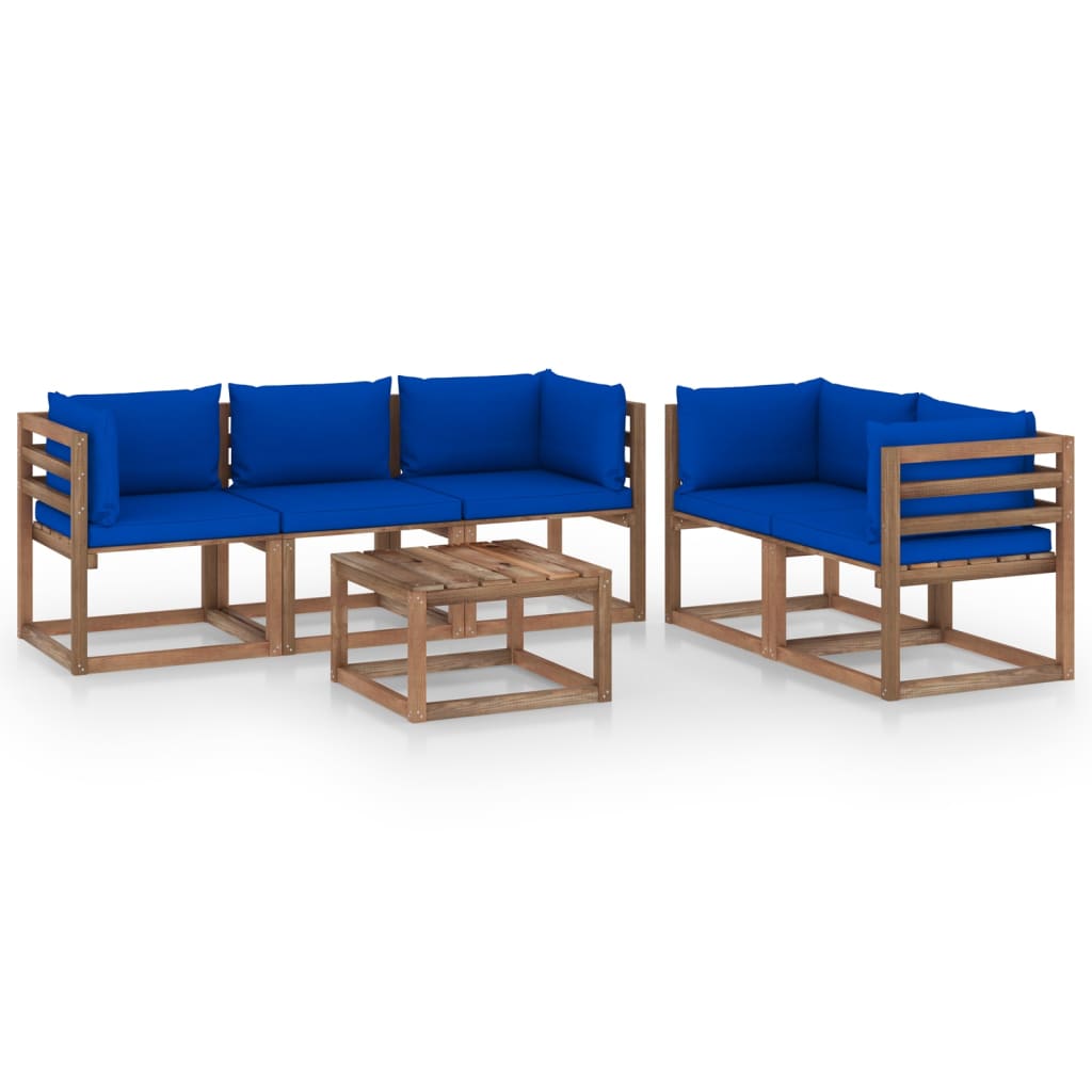 vidaXL Градински лаундж комплект от 6 части със сини възглавници