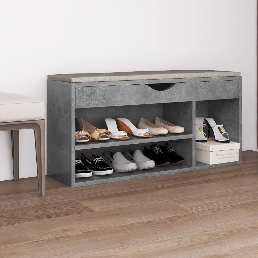 vidaXL Пейка за обувки с възглавница, бетонно сива, 104x30x49 см, ПДЧ