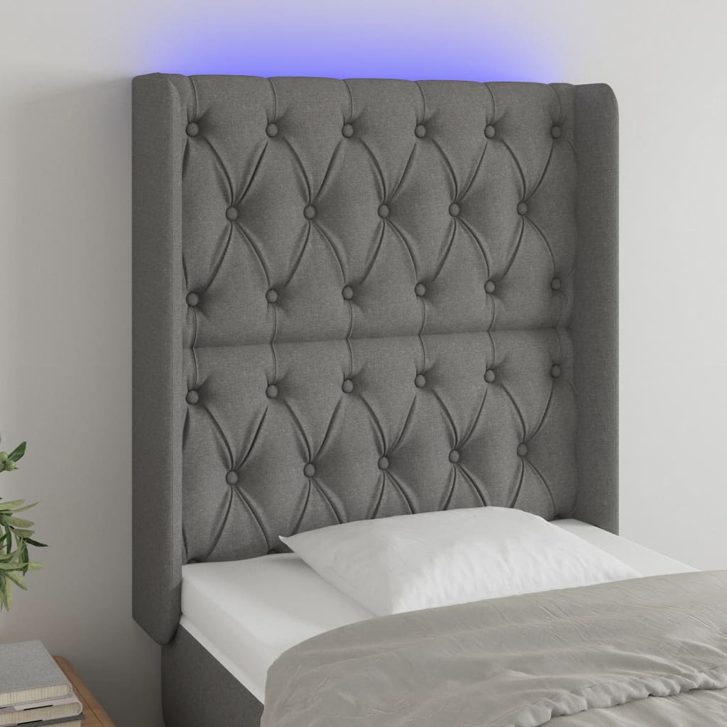 vidaXL LED горна табла за легло, тъмносива, 83x16x118/128 см, плат