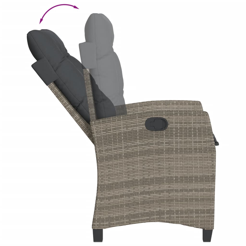 vidaXL Накланящ се градински стол с възглавници, полиратан, сив