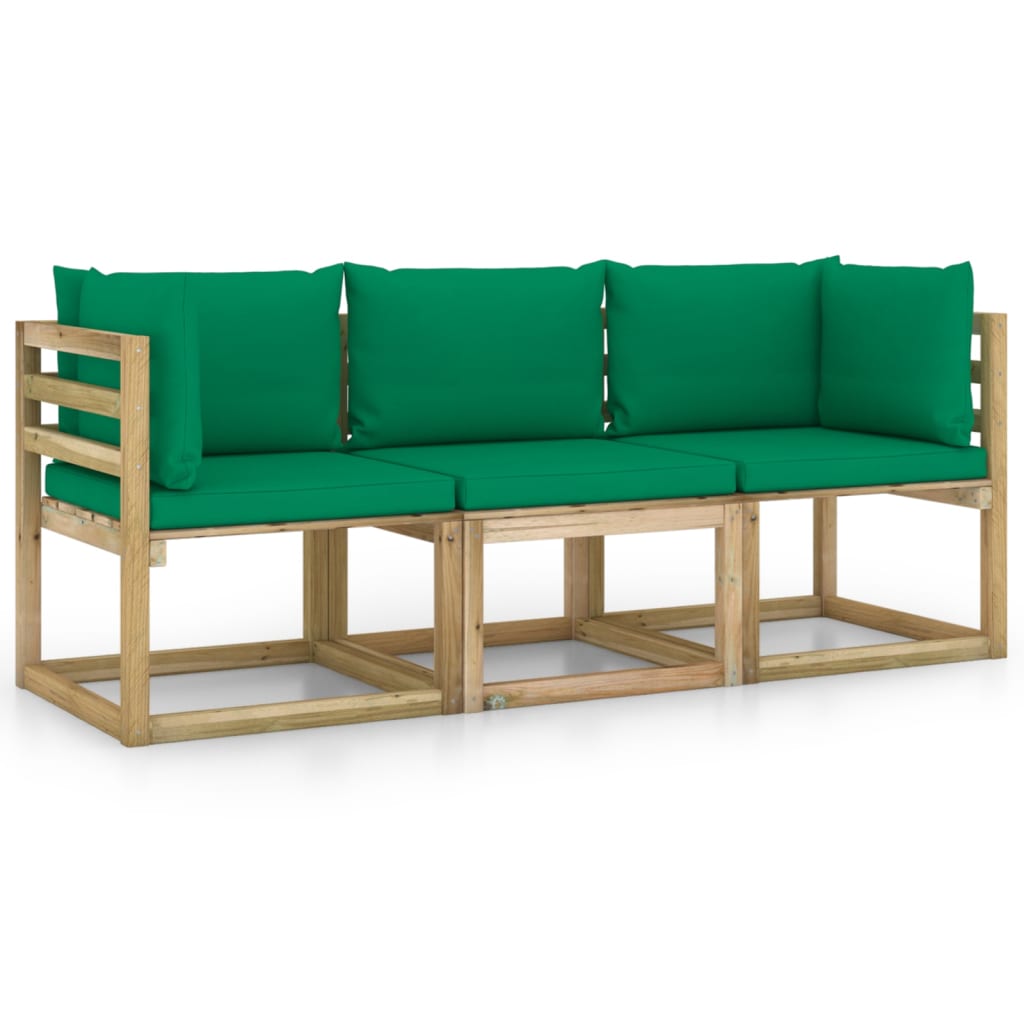 vidaXL 3-местен градински диван със зелени възглавници