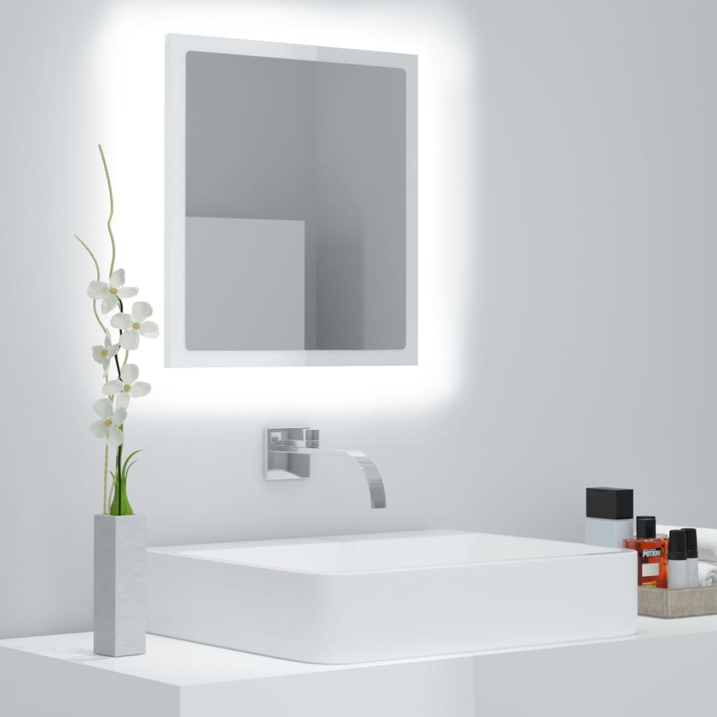 vidaXL LED огледало за баня, бял гланц, 40x8,5x37 см, акрил