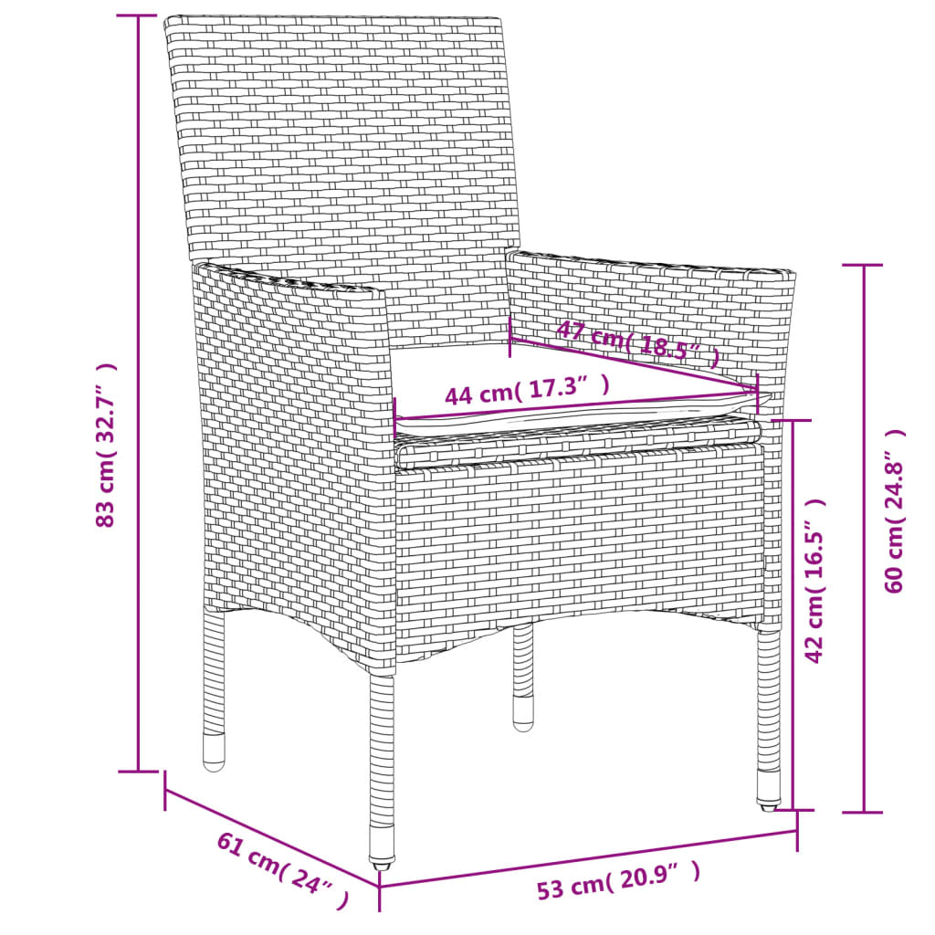 vidaXL Градински столове с възглавници, 2 бр, полиратан, бежови