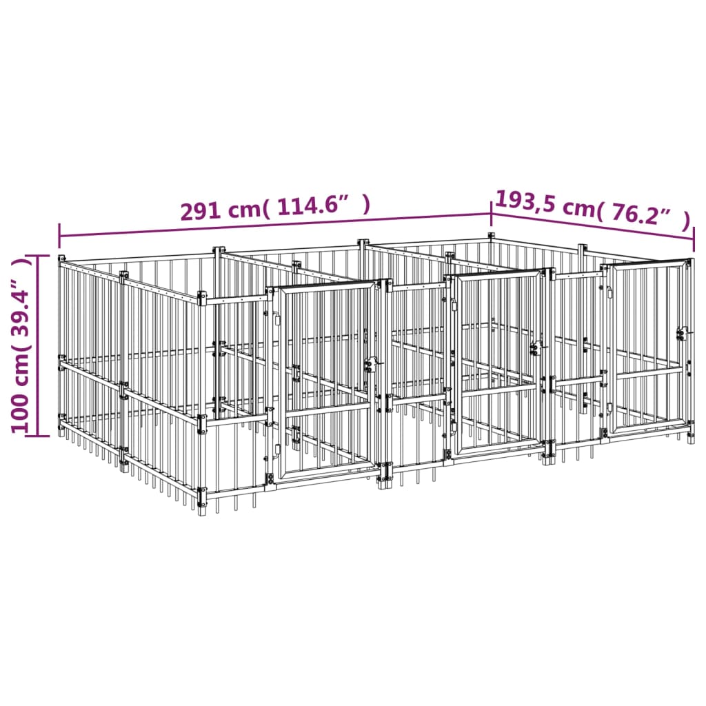 vidaXL Дворна клетка за кучета, стомана, 5,63 м²