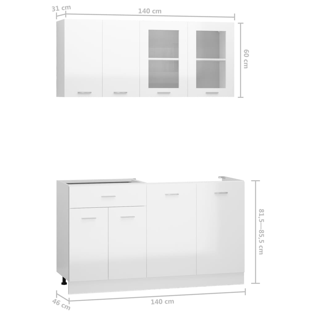 vidaXL Комплект кухненски шкафове от 4 части, бял гланц, ПДЧ