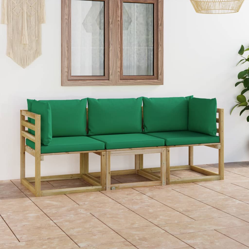 vidaXL 3-местен градински диван със зелени възглавници