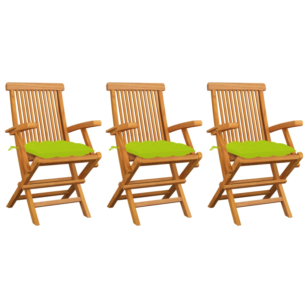 vidaXL Градински столове с яркозелени възглавници 3 бр тик масив
