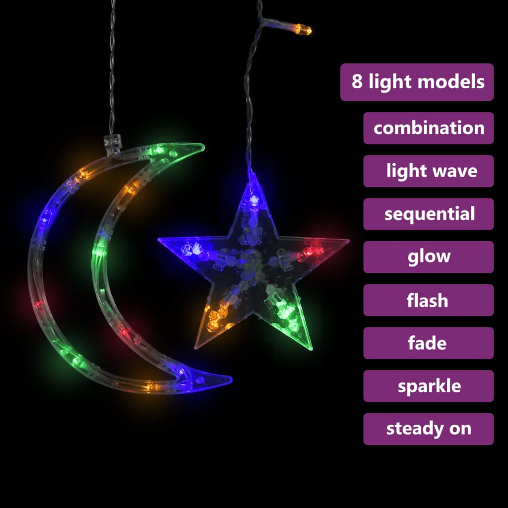 vidaXL Светеща завеса звезди и луни с дистанционно 138 LED цветни
