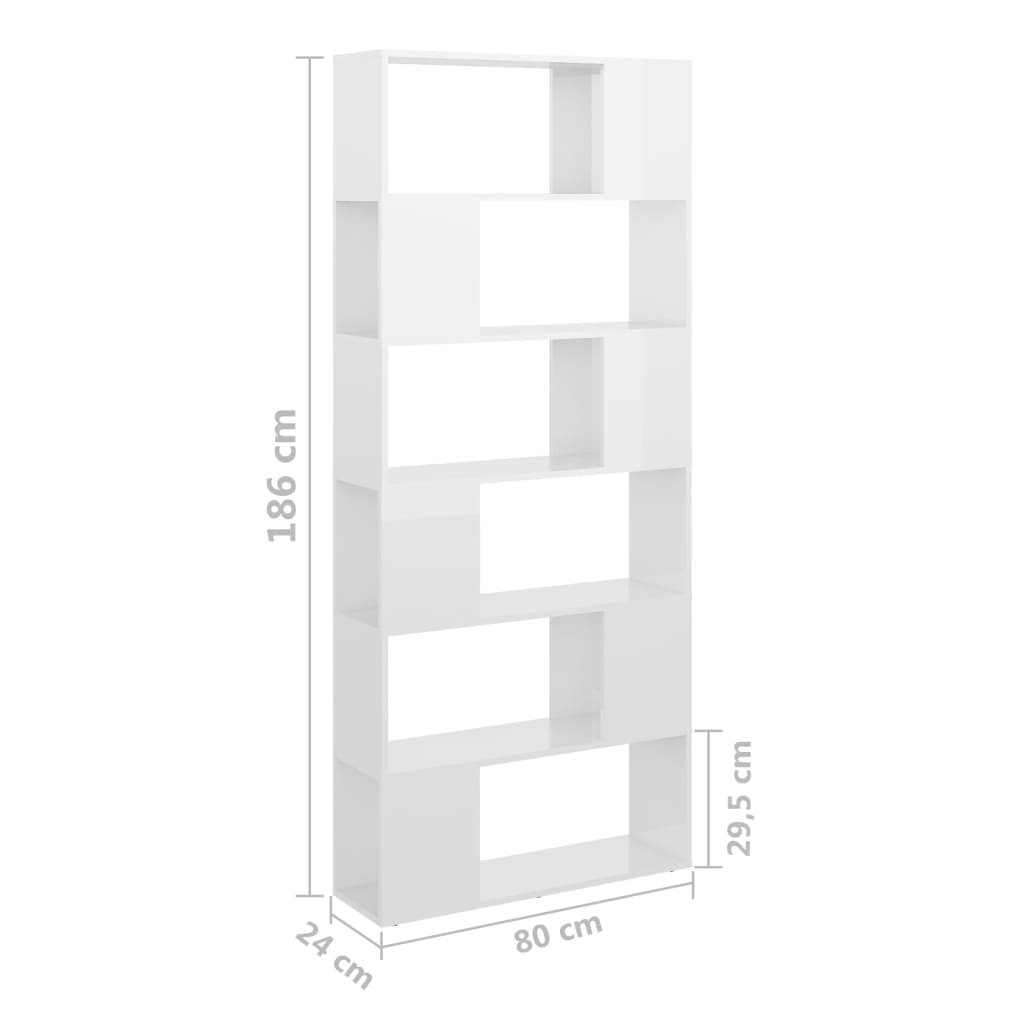 vidaXL Библиотека/разделител за стая, бял гланц, 80x24x186 см, ПДЧ