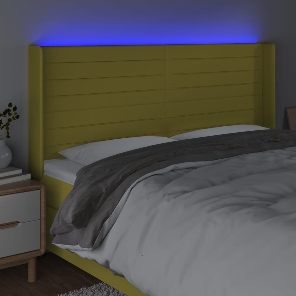 vidaXL LED горна табла за легло, зелена, 163x16x118/128 см, плат