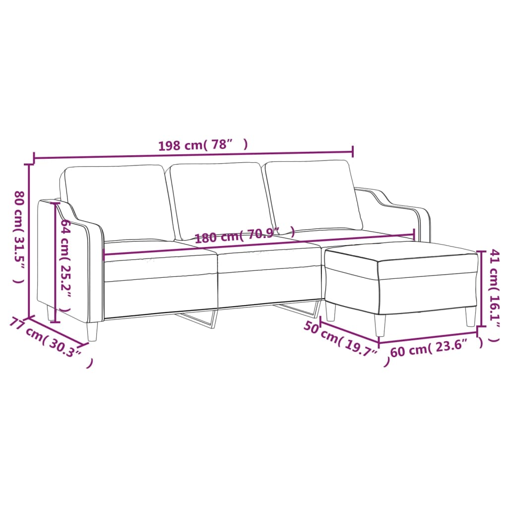 vidaXL 3-местен диван с табуретка, черен, 180 см, плат
