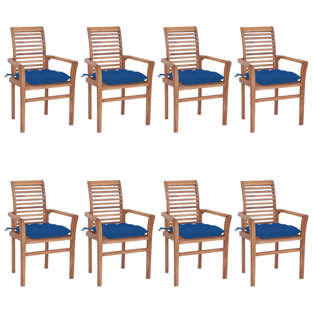 vidaXL Трапезни столове, 8 бр, със сини възглавници, тик масив