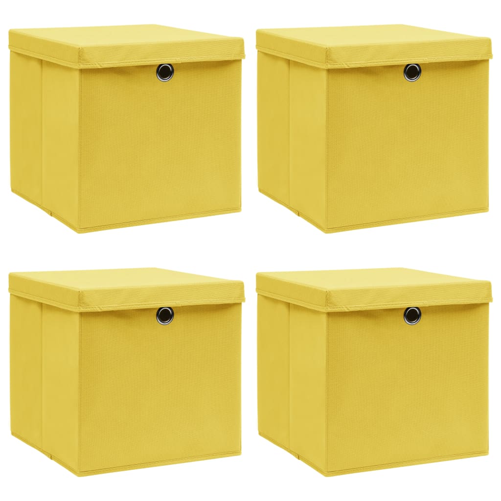 vidaXL Кутии за съхранение с капаци 4 бр жълти 32x32x32 см плат