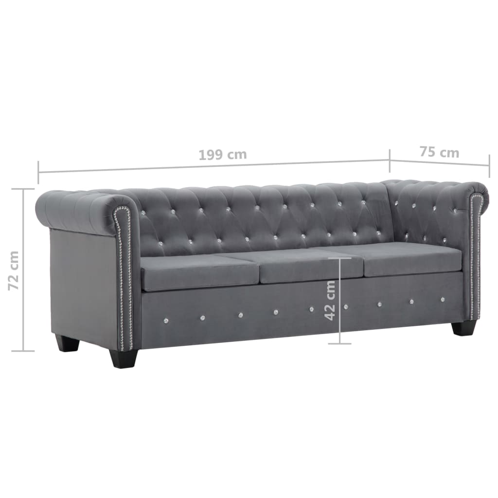vidaXL 3-местен Честърфийлд диван, кадифе, 199x75x72 см, сив