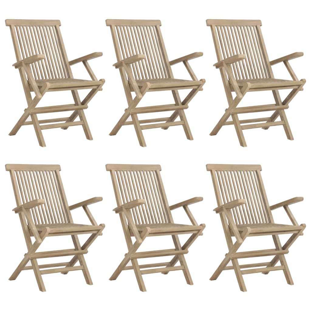 vidaXL Сгъваеми градински столове, 6 бр, сиви, 56x61x89 см, тик масив