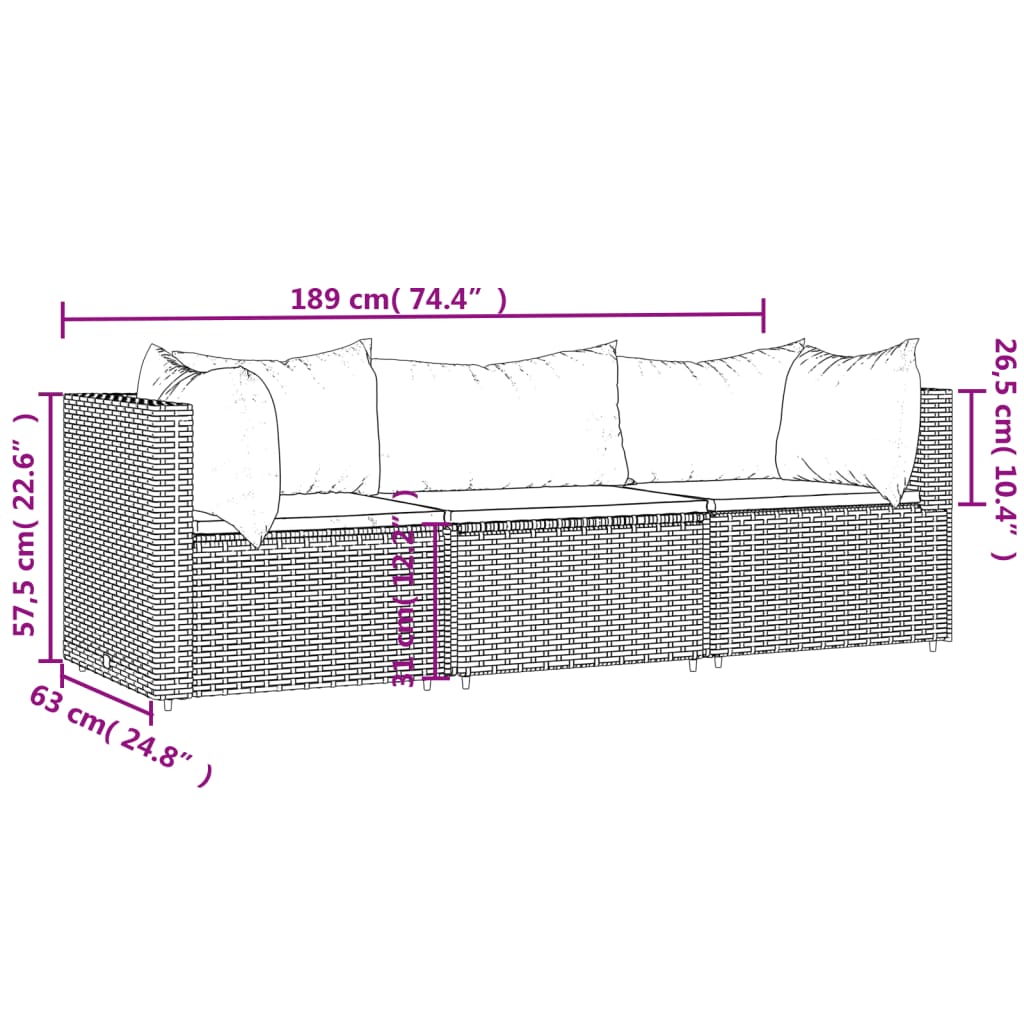 vidaXL Градински комплект с възглавници, 3 части, кафяв, полиратан