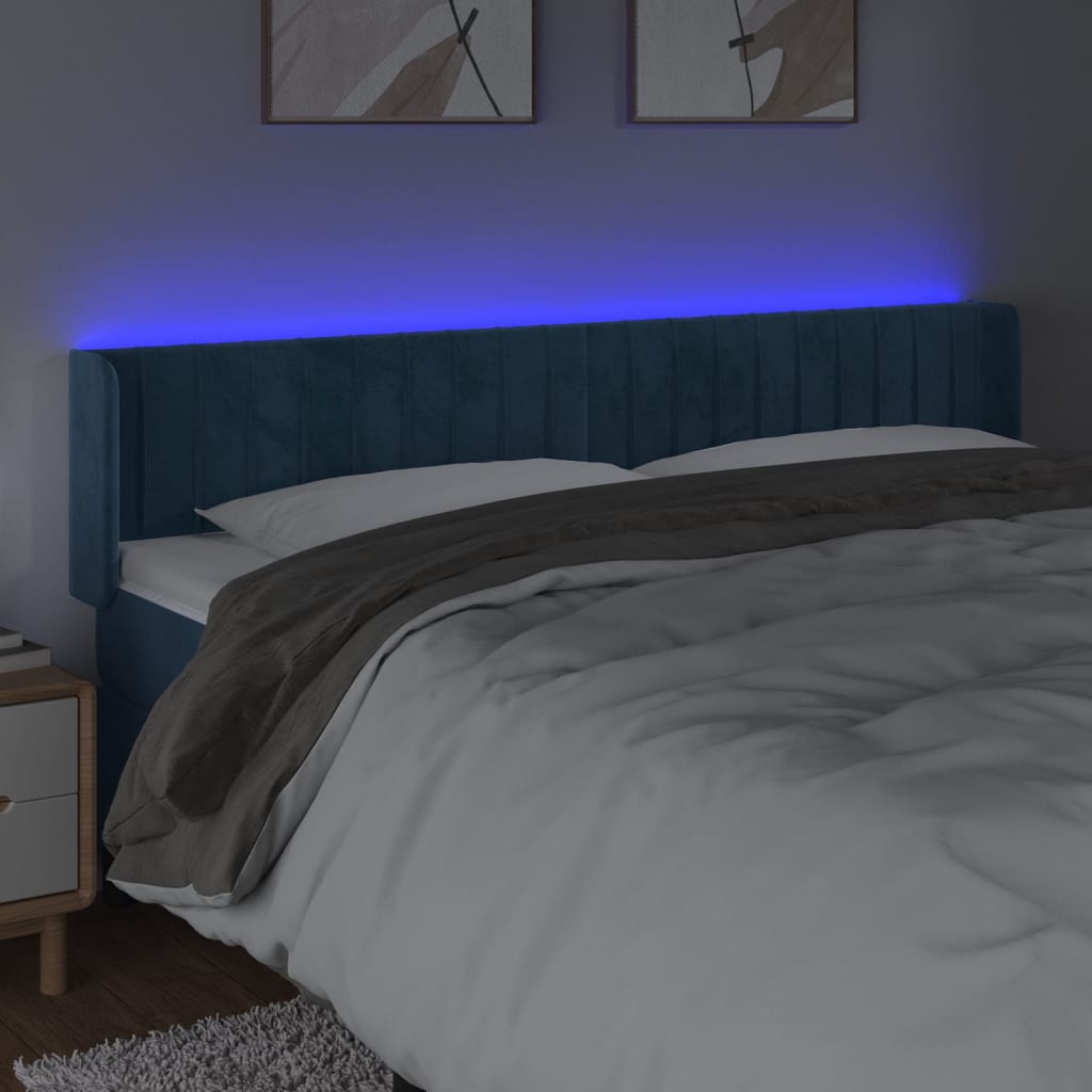 vidaXL LED горна табла за легло, тъмносиня, 183x16x78/88 см, кадифе
