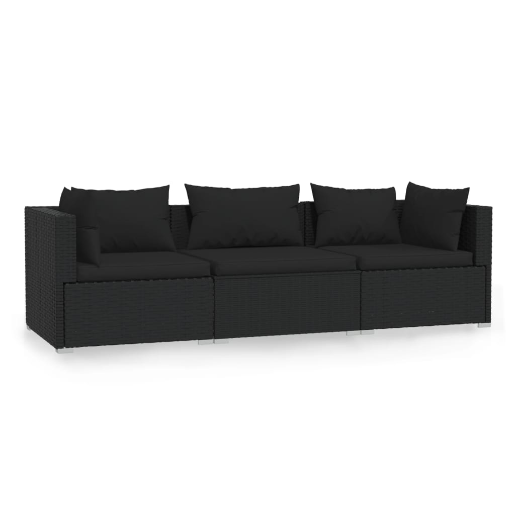 vidaXL 3-местен диван с възглавници, черен, полиратан