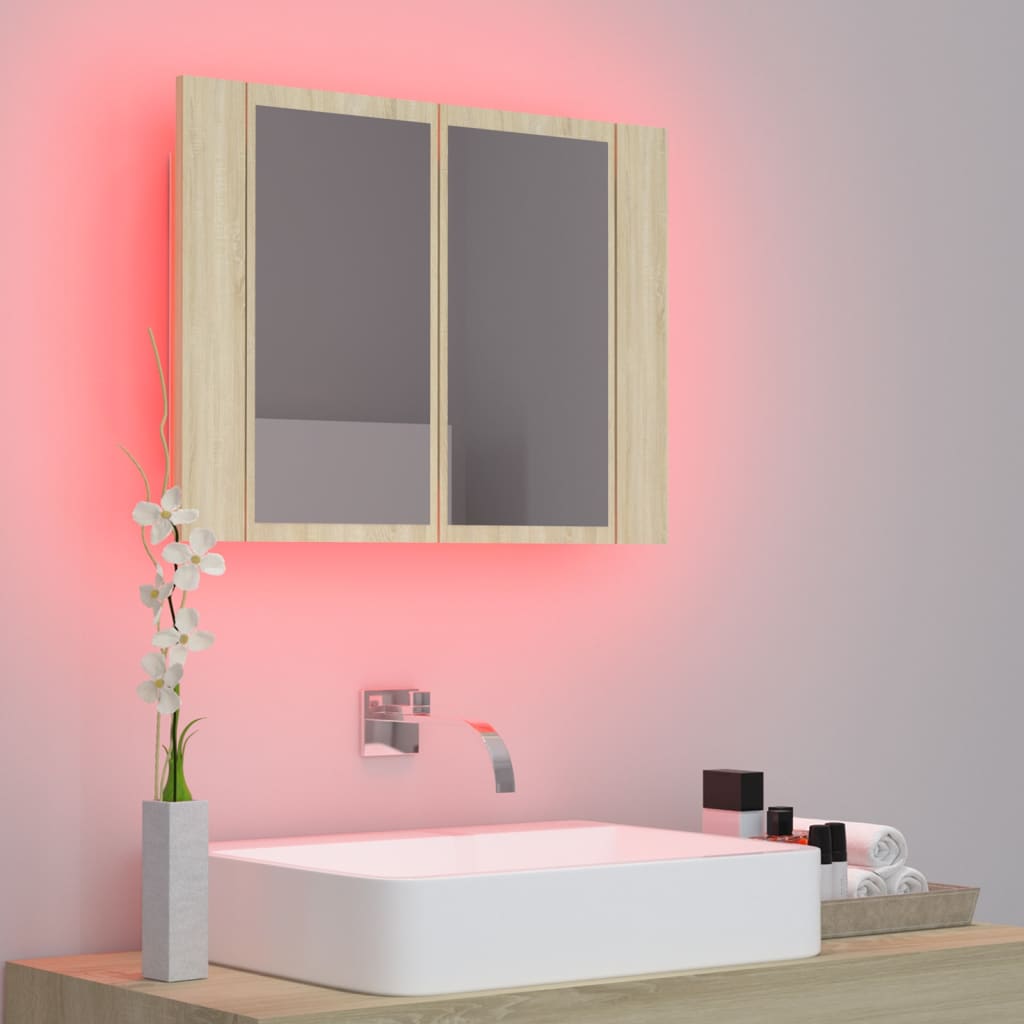 vidaXL Шкаф с LED огледало за баня, дъб сонома, 60x12x45 см, акрил