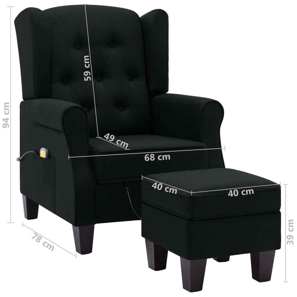 vidaXL Масажен стол с табуретка, черен, текстил
