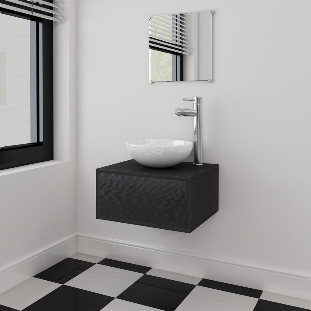vidaXL комплект мебели от 4 части и мивка за баня, черен цвят