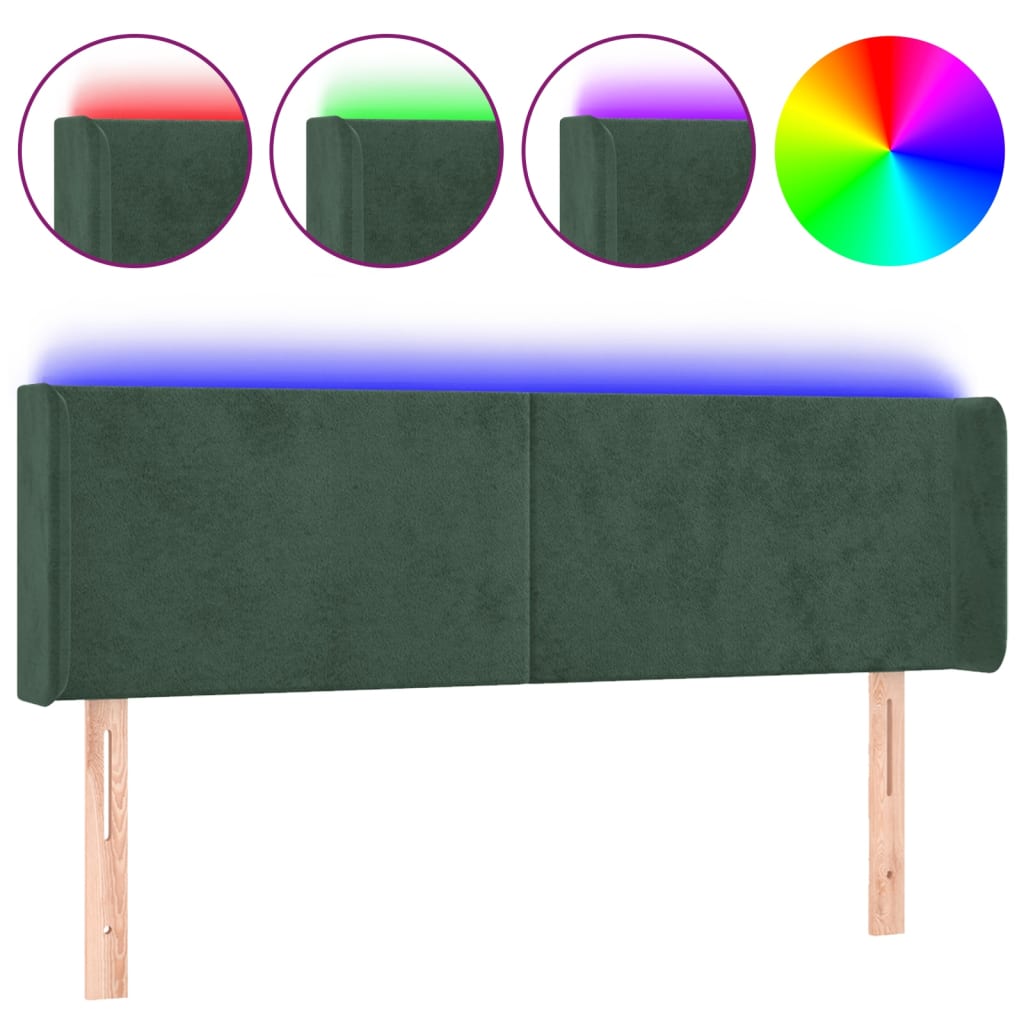 vidaXL LED горна табла за легло, тъмнозелена, 147x16x78/88 см, кадифе