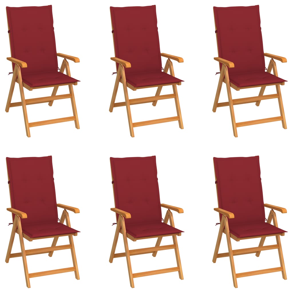vidaXL Градински столове, 6 бр, виненочервени възглавници, тик масив