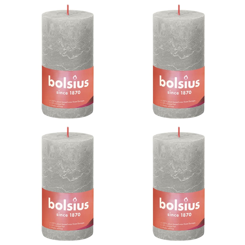 Bolsius Рустик колонни свещи Shine, 4 бр, 130x68 мм, пясъчно сиви