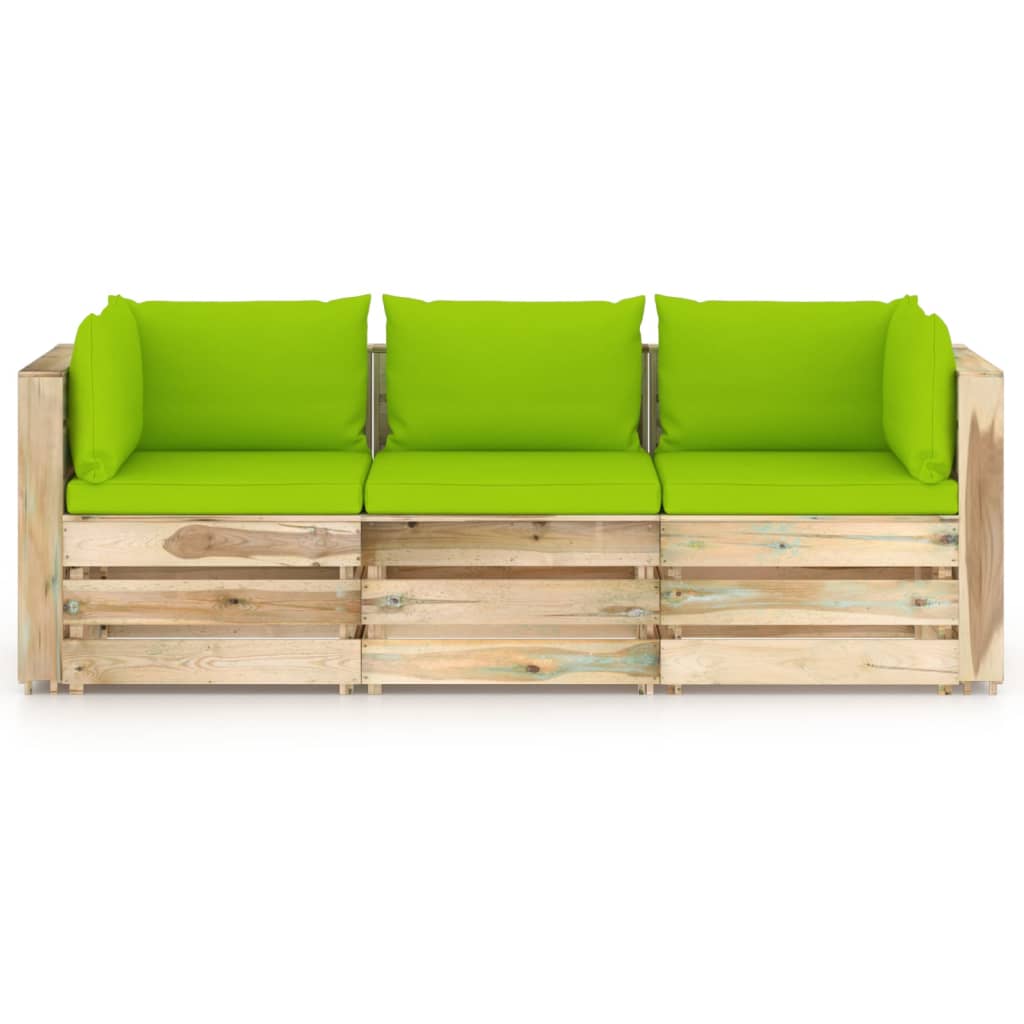 vidaXL 3-местен градински диван с възглавници, зелена импрегнация