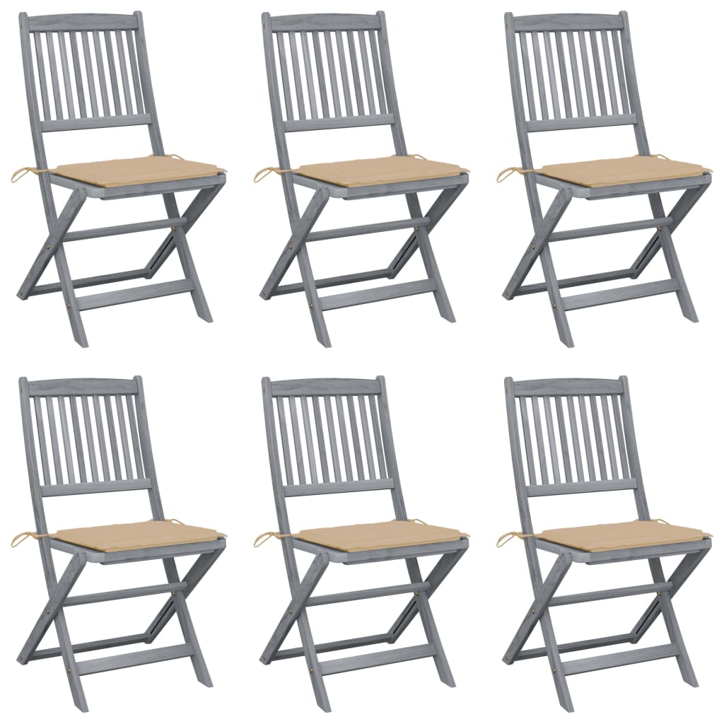 vidaXL Сгъваеми градински столове, 6 бр, с възглавници, акация масив