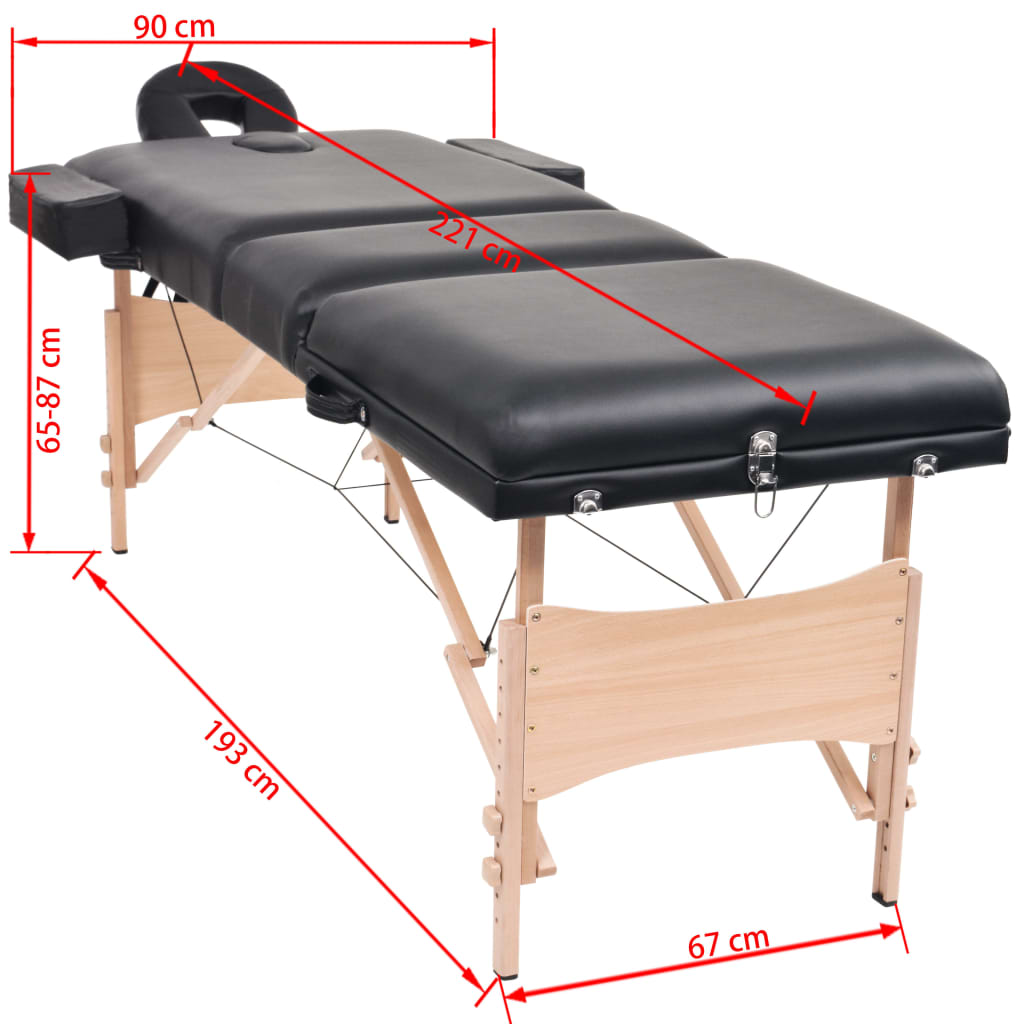 vidaXL Сгъваема масажна кушетка с 3 зони, 10 см плътен пълнеж, черна