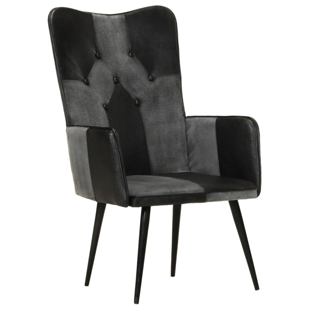 vidaXL Wingback стол, черно и сиво, естествена кожа