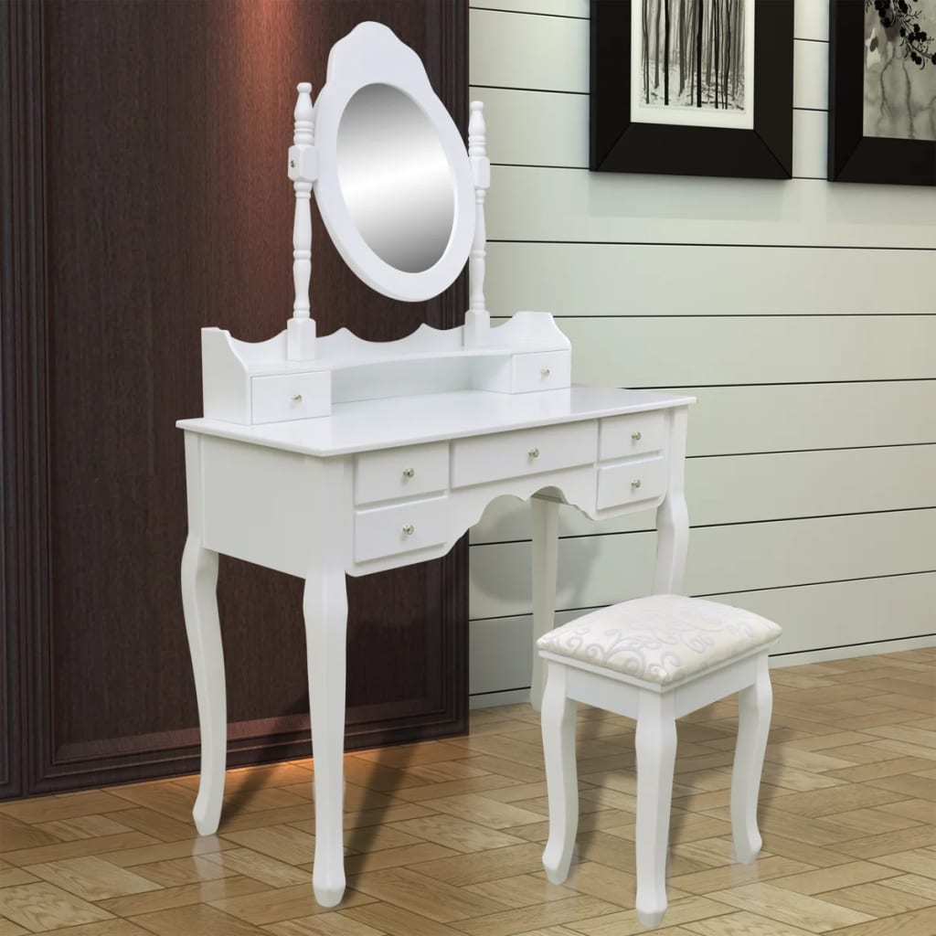 vidaXL Тоалетка с огледало и табуретка, 7 чекмеджета, бяла