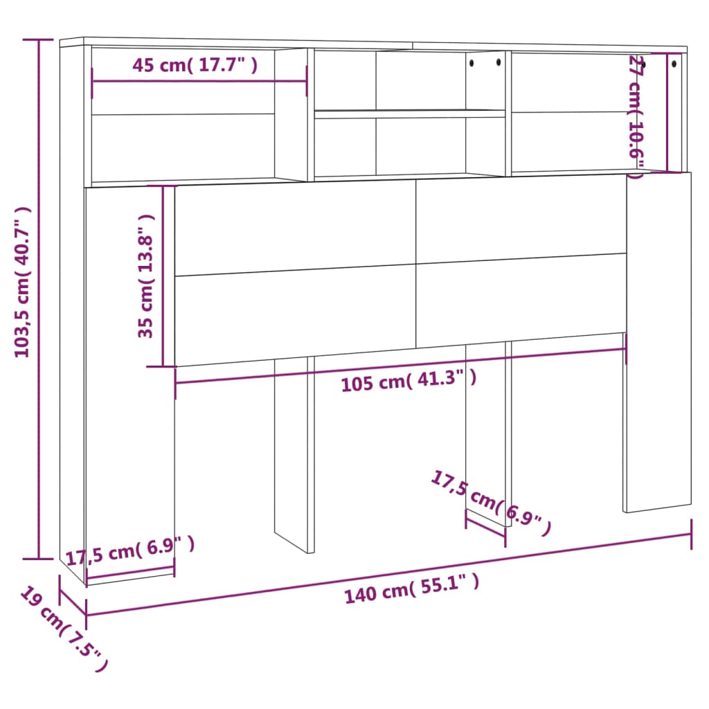 vidaXL Табла за легло тип шкаф, бетонно сива, 140x19x103,5 см