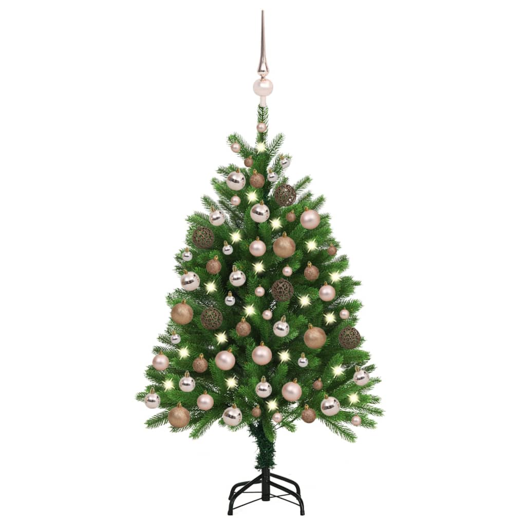 vidaXL Изкуствена осветена коледна елха с топки 120 см зелена