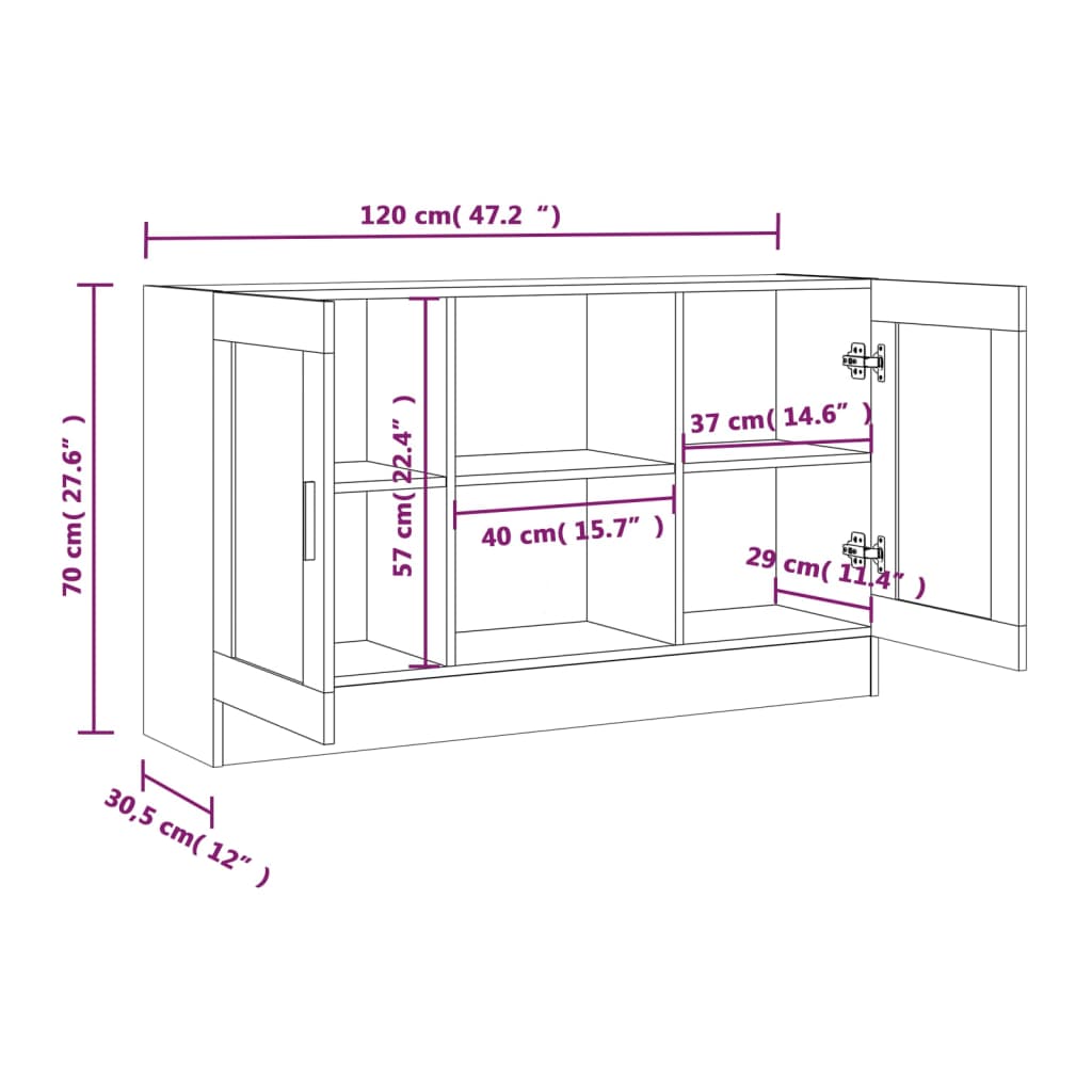 vidaXL Шкаф витрина, опушен дъб, 120x30,5x70 см, инженерно дърво