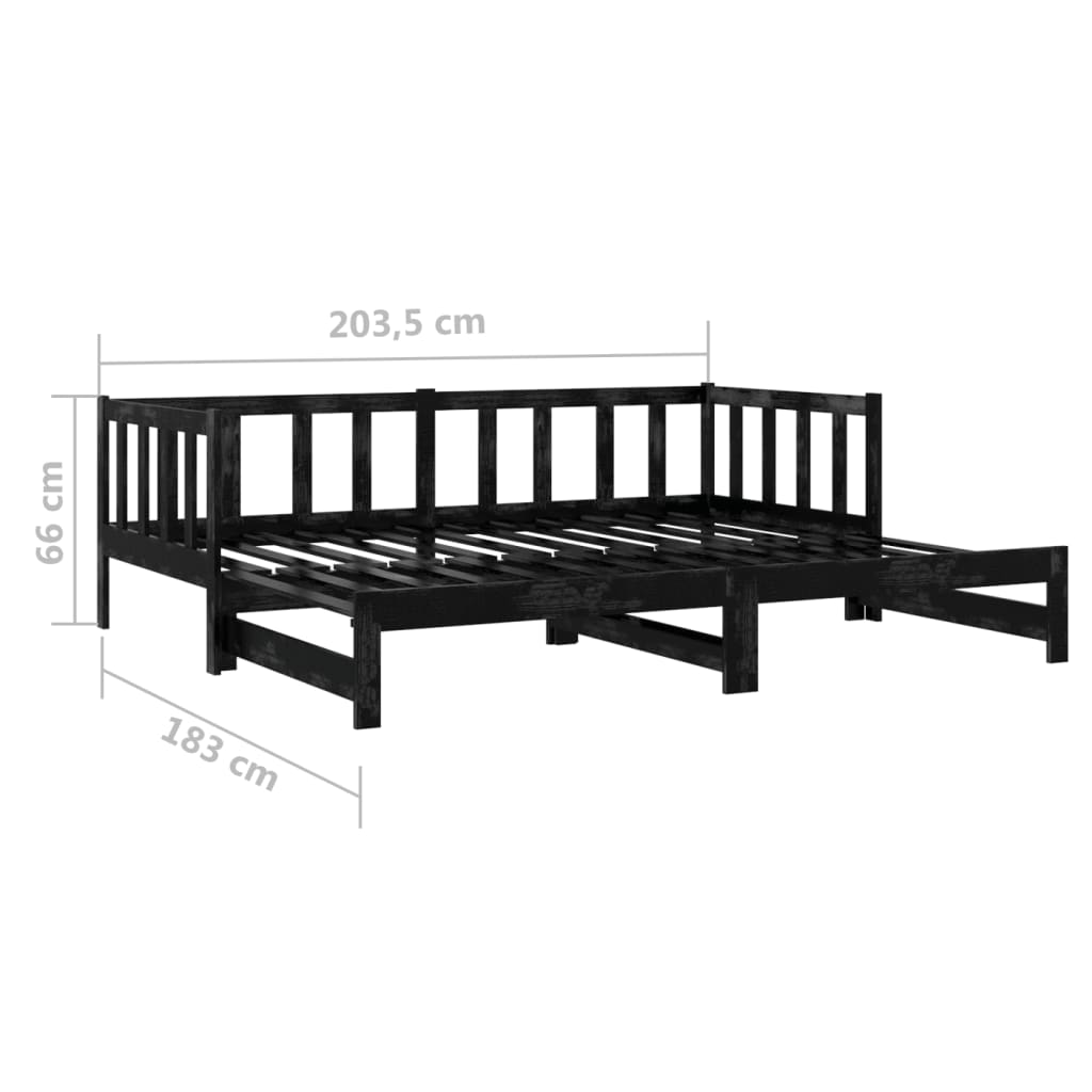 vidaXL Разтегателно дневно легло, черно, бор масив, 2x(90x200) см