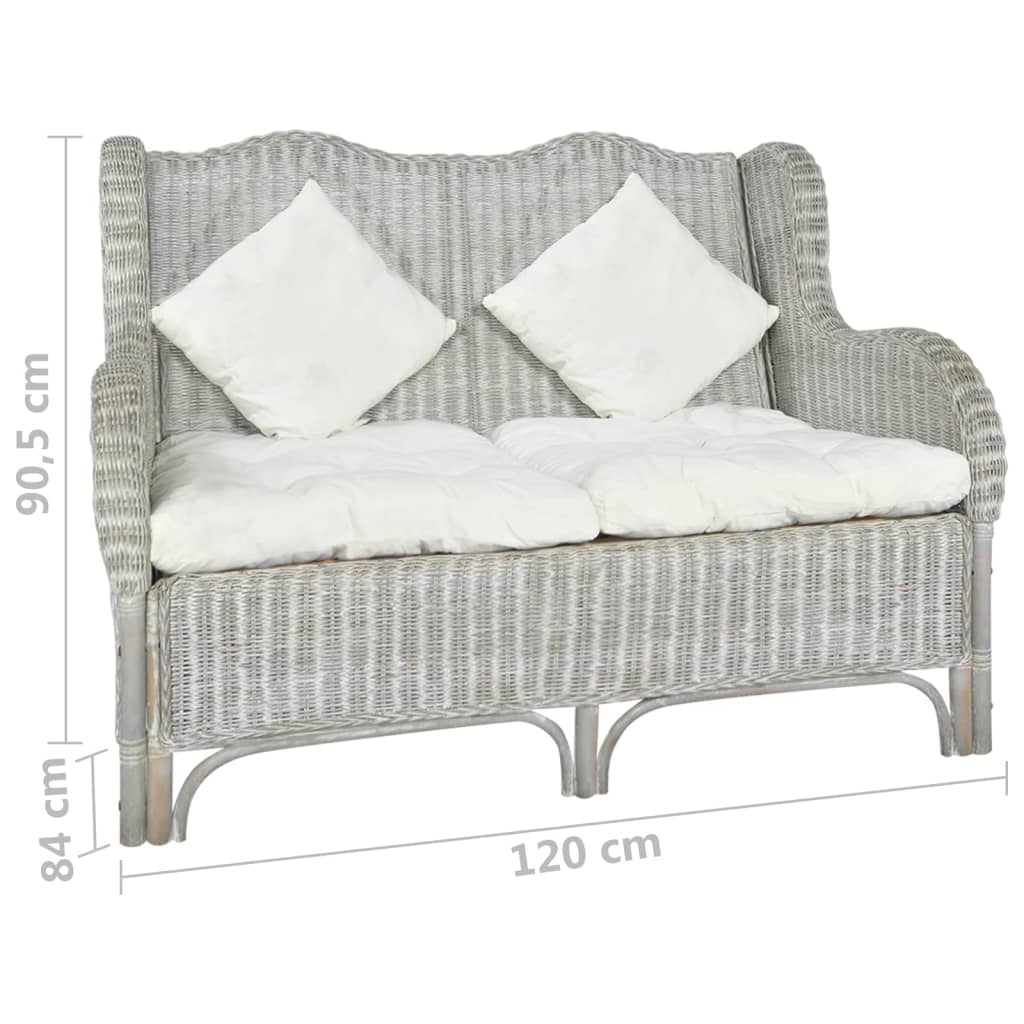 vidaXL 2-местен диван, сив, естествен ратан и лен