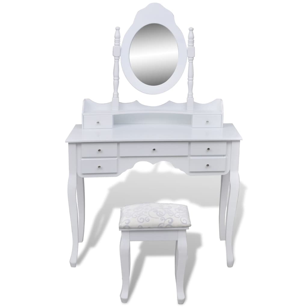 vidaXL Тоалетка с огледало и табуретка, 7 чекмеджета, бяла