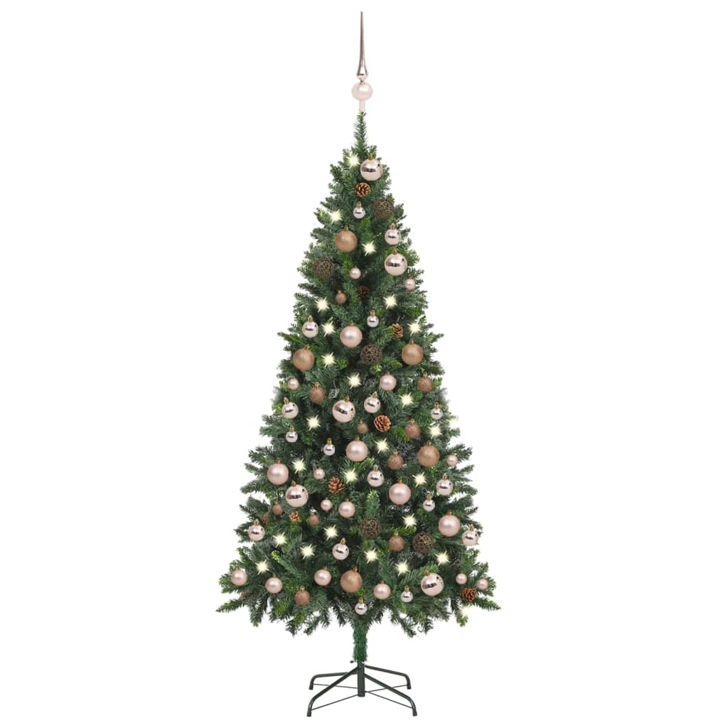 vidaXL Изкуствена осветена коледна елха с топки и шишарки 180 см