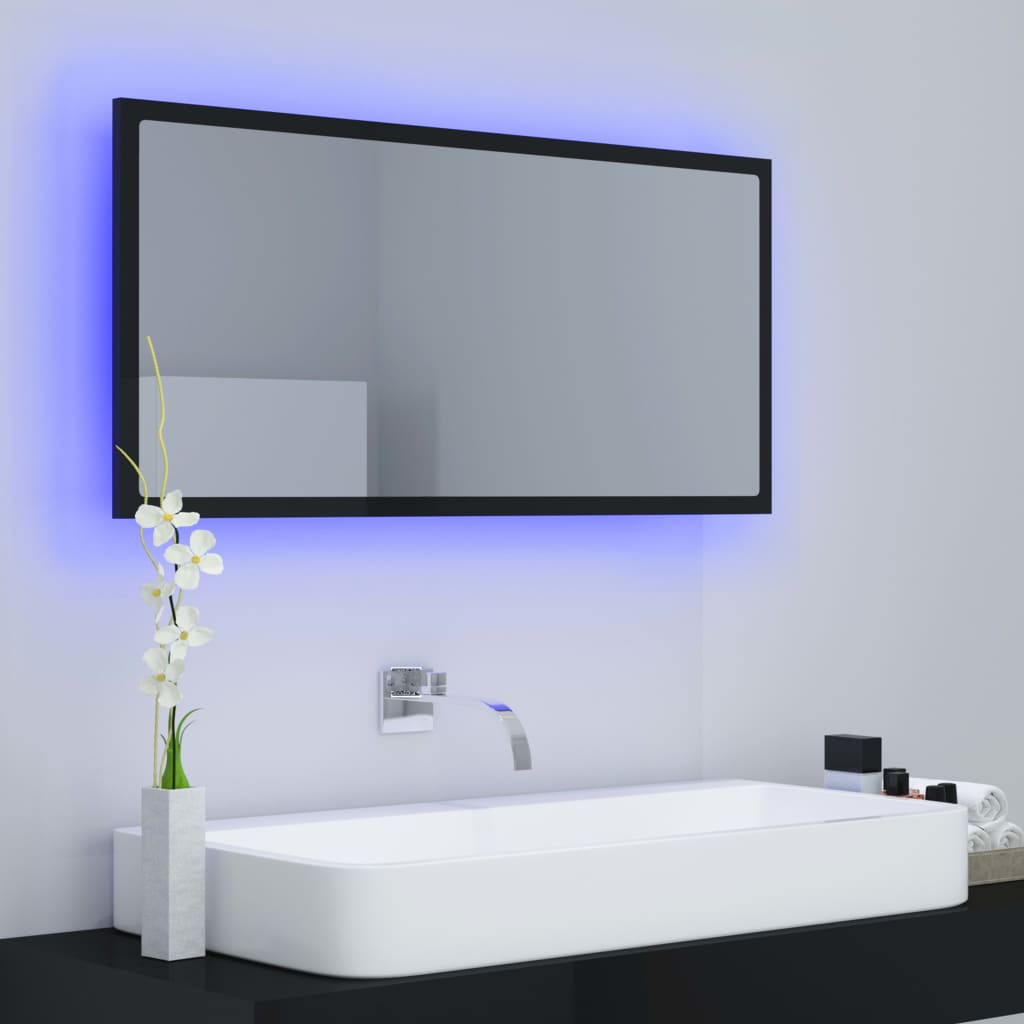 vidaXL LED огледало за баня, черен гланц, 90x8,5x37 см, акрил